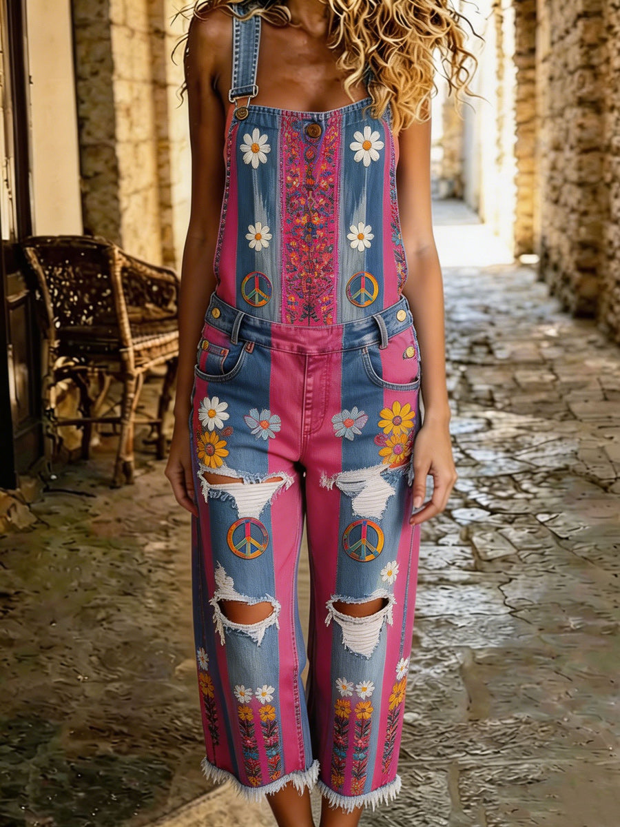 Women's Retro Style Art Print Washed Cotton Denim Patchwork Jumpsuit